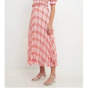 New Endless Rose Plaid Pleated Midi Skirt Red White XS​ $125